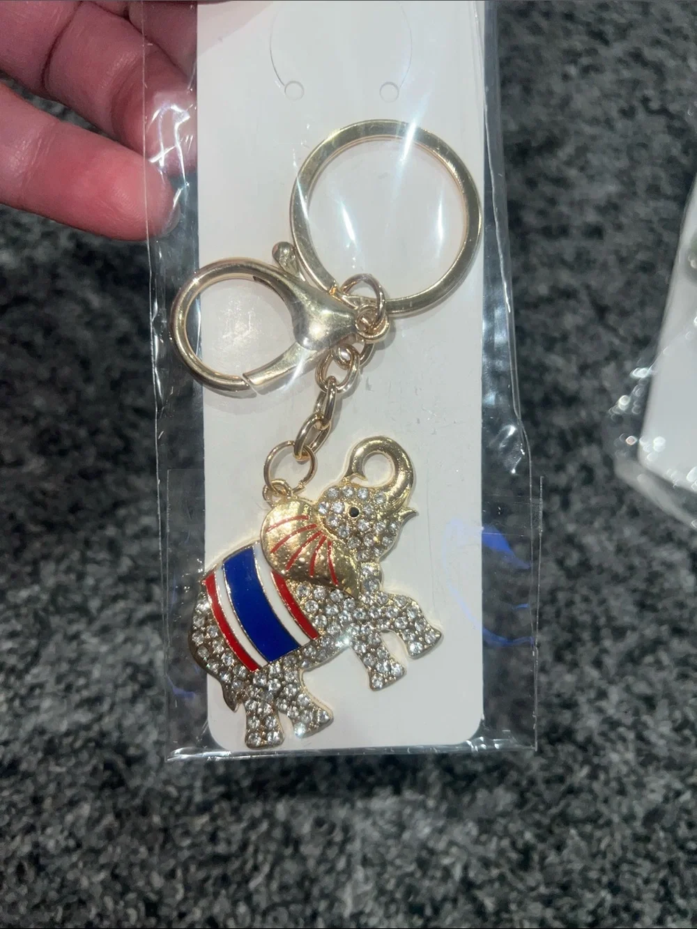Gold Elephant Keychain with Red, White & Blue Enamel
